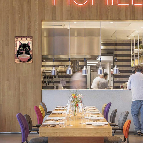Retro Style Cat Eating Ramen Metal Sign 8x12 Inch Tin Sign Poster for Home Office Garage Decor on restaurant wall