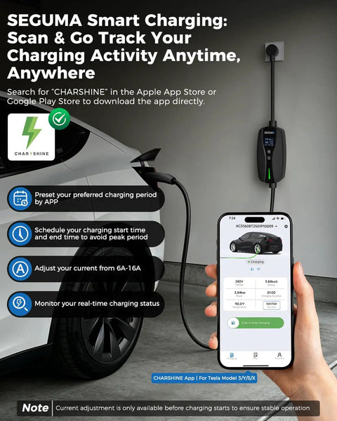 Dual Voltage EV Charger For Tesla With App, Level 1 And Level 2 Portable Charger For Home And Outdoors, shown charging vehicle