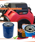 Comparison of oil filters with Honda Six Pack Engine Oil Filter For GX610 GX620 GX630 GX660 GX670 GX690 engines in background.