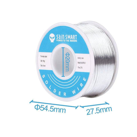 Leaded Solder Wire 0.6mm Sn63Pb37 With Flux Rosin Core for Electronics Soldering 100g Roll, dimensions visible on spool