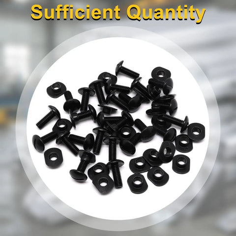 Hella Strong 1/4 20 Centered Slide T Nuts For T Slot Track paired with matching 1/4 20 X 1/2 bolts in black coat, 50 pieces.