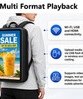 Close-up of Straight Fire 23 Inch Digital Billboard Backpack with Summer Sale promotion, showcasing connectivity options.