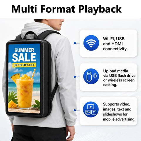 Mobile Video Advertising Backpack 27 Inch LCD Screen 1080p Resolution displaying summer sale on a beach background.