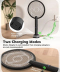 Electric Fly Swatter Bug Zapper Racket 4000V with LED Screen dual modes, charging cable on table with Type-C port view