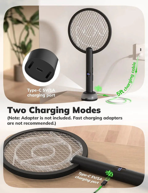 Electric Fly Swatter Bug Zapper Racket 4000V with LED Screen dual modes, charging cable on table with Type-C port view