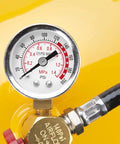 Front view of Performance Tool W10055 air gauge (0–200 PSI) with brass valve and hose