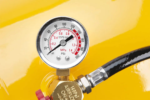 Front view of Performance Tool W10055 air gauge (0–200 PSI) with brass valve and hose