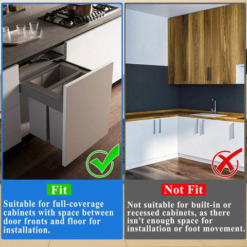 Comparison of suitable and unsuitable cabinet installations for Hands Free Cabinet Foot Pull For Trash Drawer.