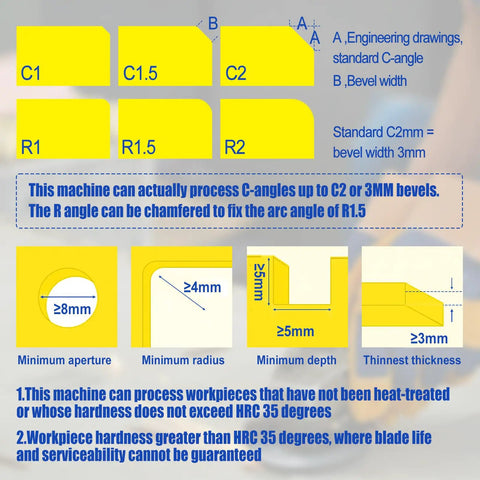 Images showing specifications and capabilities of Ultra Lightweight Portable Mini Pneumatic Chamfering Machine.