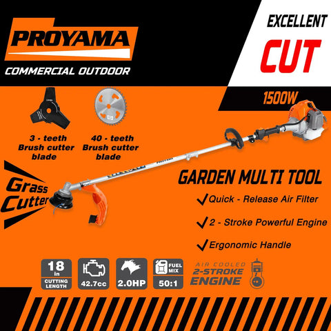 All In One Gas Powered Yard Tool With 42.7CC 2HP Engine, 5 In 1 Trimming System, featuring brush cutter blades