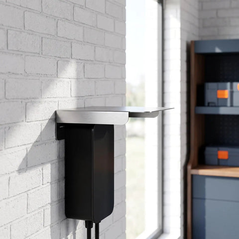 Rock Solid Stainless Steel EV Charger Protective Cover For Outdoor Charging Stations mounted on a wall with a sleek silver shelf.