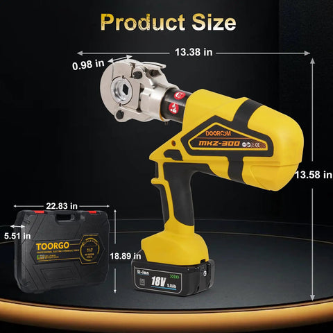 Heavy Duty Rechargeable Electric Wire Crimping Tool With Rotating Swivel Jaw And Complete Mold Kit Battery Powered showing product size dimensions.