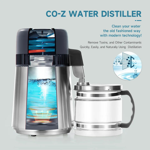 4L Brushed Stainless Steel Tabletop Water Distiller With Glass Pot, Home Distiller For Clean Purified Water In Minutes