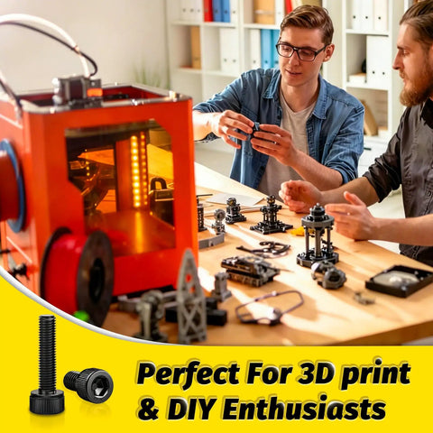 Two men assembling parts near 3D printer with M4 Screws Kit 365 Pieces Socket Head Cap Screws Set with Higher Screw Ratio