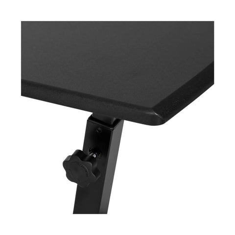 Corner of On Wheels Height Adjustable Laptop Desk For Home Office And Classroom Use showing black surface and locking twist knob.
