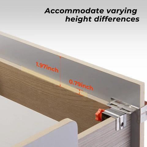 Hassle Free Adjustable Stainless Steel Cabinet Drawer Front Mounting Clamp Kit For Dead Nuts Alignment And Ridiculously Smooth Woodworking Upgrades With Heavy Duty Carry Bag showing adjustable height measurements of 1.97 inch and 0.79 inch.