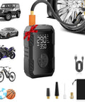Cordless Tire Inflator With Pressure Gauge, Rechargeable 150 PSI Compressor, accessories and usage examples for vehicles and sports