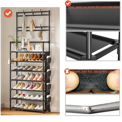 7 Tier Shoe Organizer With Hooks And Side Pocket Freestanding Shoe Rack For Front Door Entryway Holds 21 To 28 Pairs Big Capacity Shoe Shelf Tower For Garage Closet Or Hallway with fabric and metal structure comparison
