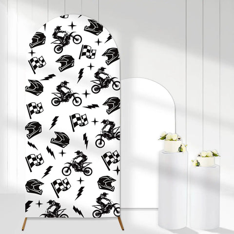 Totally Dope Motocross Arch Backdrop Cover 6ft Black White Dirt Bike Vibe Stretchy Spandex Fit for Weddings and Parties