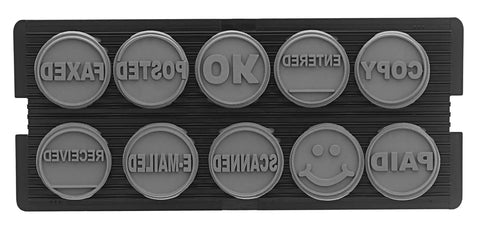 No Fuss Self Inking Stamp Kit With Two Boss Grade Rubber Office Stamps showing ten custom die plates for document marking.