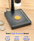4.3 Inch Digital Coin Microscope With Built In Scale And Illuminated Magnifier showing high-accuracy scale with coins on base.