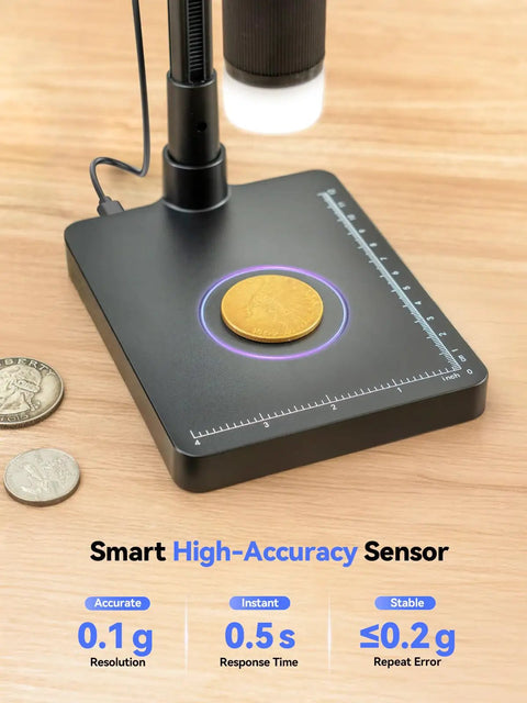 4.3 Inch Digital Coin Microscope With Built In Scale And Illuminated Magnifier showing high-accuracy scale with coins on base.