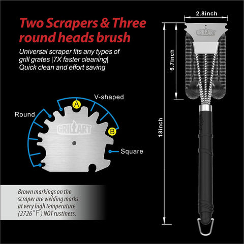 Diagram of Three In One 18 Inch BBQ Grill Brush And Scraper Kit with measurements and brush details.