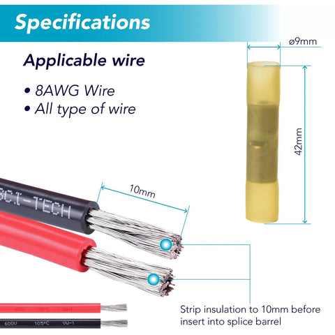Diagram showing specifications for Heavy Duty 8 AWG Heat Shrink Butt Connectors Set Of 10 Insulated Waterproof Crimp Terminals