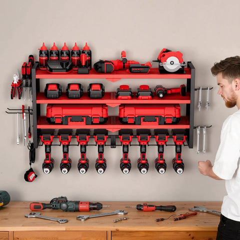 Power Tool Organizer Wall Mount 4 Layer Storage Rack With 8 Drill Holders Side Pegboards And Tool Hooks For Garage Workbench And Workshop Storage Easy Access And Neat Setup For Your Home Shop holding various tools