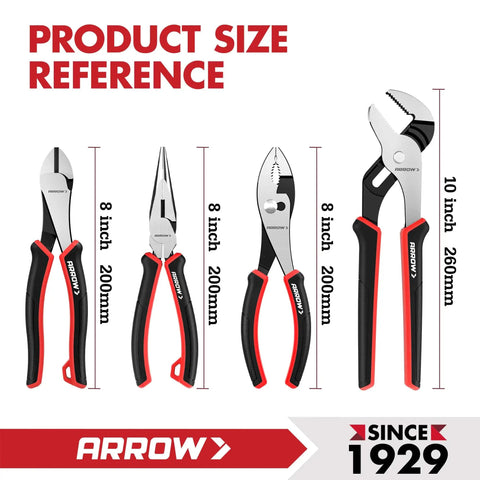 Four Piece Pliers Set With 8 Inch Diagonal Nose Pliers, Long Nose, Slip Joint, And 10 Inch Groove Joint Pliers, size reference