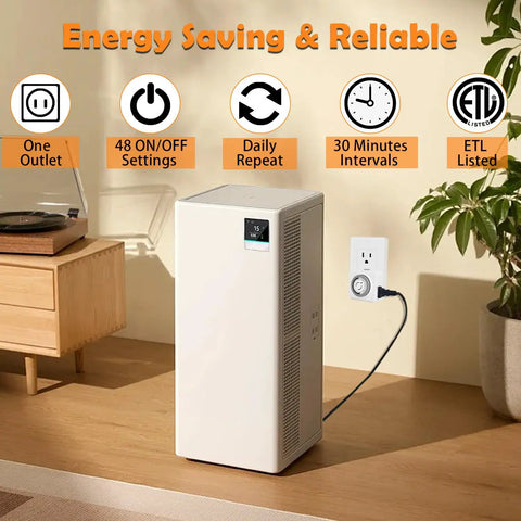 24 Hour Mechanical Outlet Timer With 30 Minute Intervals For Indoor Lights And Fans Daily Automatic Switch No Sweat Programming Plug In Time Switch For Holiday Decor 2 Pack shown in use with a fan on a wooden table.
