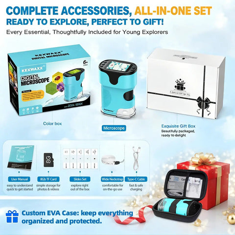 1000X Kids Digital Handheld Microscope With Built-In 4K Screen No Phone Needed Easy Portable Lab For Insects Leaves Coins And More Educational STEM Toy Gift For Ages 4 5 6 7 8 9 10 11 12, with accessories and EVA case