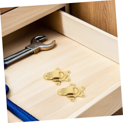 Zerodeko Metal Duckbilled Hasp Lock Toggle Latch Zinc Alloy Material 2pcs on wooden drawer with wrench.