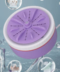 Portable Mini Washing Machine USB Powered Compact Clothes Washer Adjustable Timer For Delicates Underwear Produce And Dishes Purple view with water droplets.