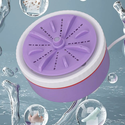 Portable Mini Washing Machine USB Powered Compact Clothes Washer Adjustable Timer For Delicates Underwear Produce And Dishes Purple view with water droplets.