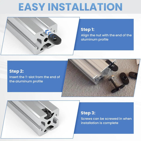 Easy installation guide for Twenty Pack 1/4-20 Threaded Centered Slide In T Slot Bolts for Aluminum Extrusion, Economy T Slot Nuts.