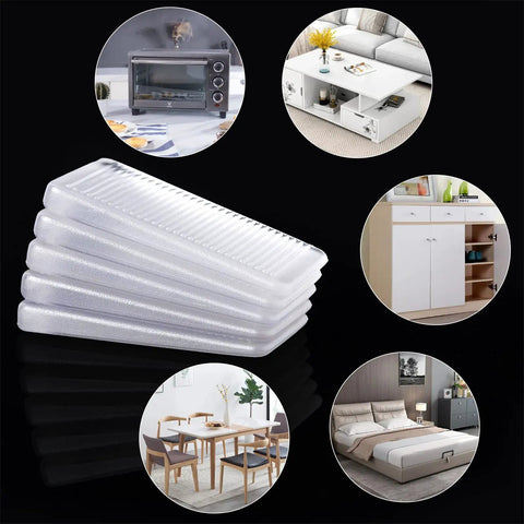 Rubbery Clear Table Shims Set Of 4 Level Wedges For Home Improvement Tables, Beds, Toilets, Hot Tubs And More, Adjustable 2mm To 5mm Thick, DIY Wedge Levelers For Stable, Even Surfaces, shown with examples of use in home settings