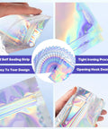 Holographic Packaging Bags 3.1x4.7 Inch Resealable Foil Mylar Pouches with self-sealing and easy tear design in vibrant rainbow color.