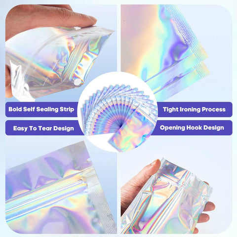 Holographic Packaging Bags 3.1x4.7 Inch Resealable Foil Mylar Pouches with self-sealing and easy tear design in vibrant rainbow color.