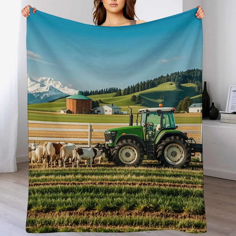 Milk Farm Flannel Throw Blanket 55x70 Inch Cozy Soft Lightweight Plush with farm and tractor design