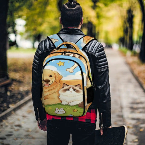 Man wearing Sunny Grass Pet Duo Printed Unisex Backpack Large Capacity With Durable Polyester Breathable Comfort Easy Clean Zipper