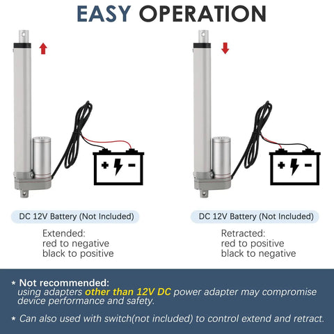 Beefy 12V DC Linear Actuator With 8 Inch Stroke 900N 225 Lbs Max Lift showing extended and retracted positions with wiring diagram