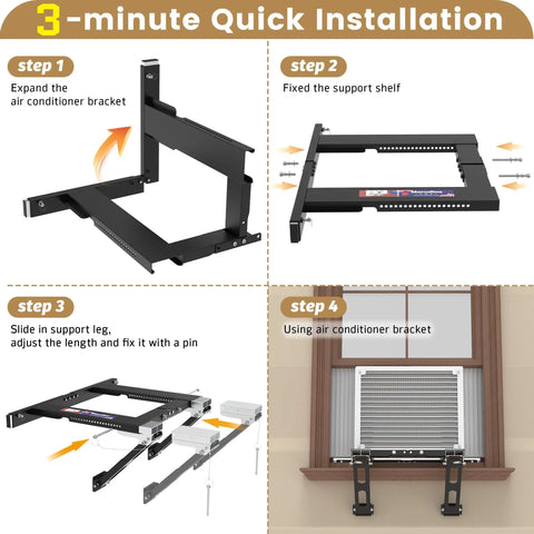 No Drill Window AC Bracket Easy Install In Minutes Heavy Duty Window Air Conditioner Mount With Anti Slip Feet Adjustable Range Strong Support Legs And Beams Handles Up To 300 Lbs