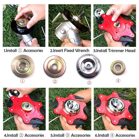 Installation of Trimmer Blade Adapter Kit With 6 Steel Razors, Thrust Plate Guard Washer, Thrust Washer, Rider Plate, Lock Nut