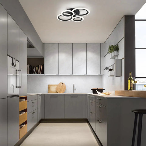 Modern LED Flush Mount Ceiling Light With Four Black Rings Sleek Close To Ceiling Fixture For Kitchen Bedroom Living Room Or Laundry Room 4000K Neutral White Non Dimmable
