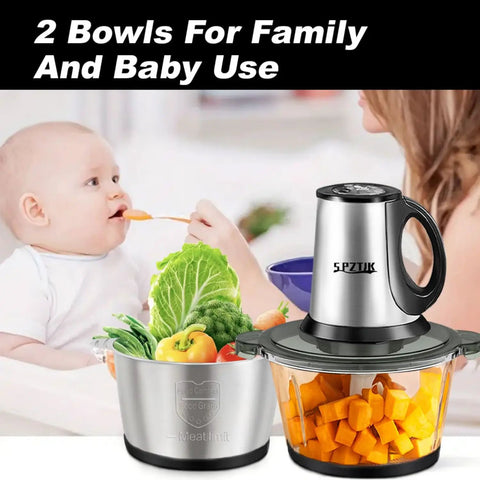 Three Speed Electric Food Processor With Meat Grinder And Veggie Chopper, stainless steel and glass bowls, baby feeding