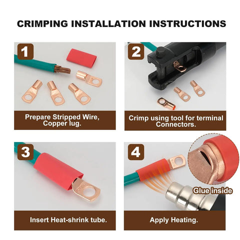 Crimping installation instructions for heavy duty copper wire lugs kit with heat shrink tubing for secure connections.