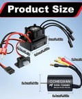 Diagram of 2430 7200KV Brushless Motor and 35A ESC Combo for Traxxas RC Cars with product dimensions and waterproof features.