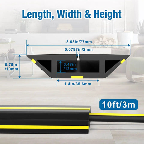 10 Foot Floor Cable Cover Protector Pro Grade Heavy Duty PVC Duct dimensions and installation view