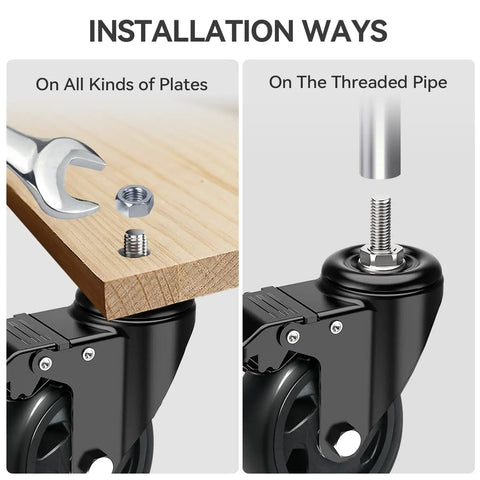 Dead Nuts Heavy Duty 5 Inch Swivel Caster Wheels With Locking Brakes Set Of 4 Furniture Casters installation options on wood and pipe.